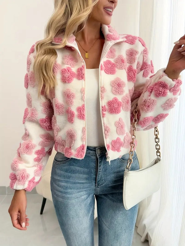 Damjacka | 3D-blommor & dragkedja | trendig ståkrage | alla årstider | modejacka i polyester