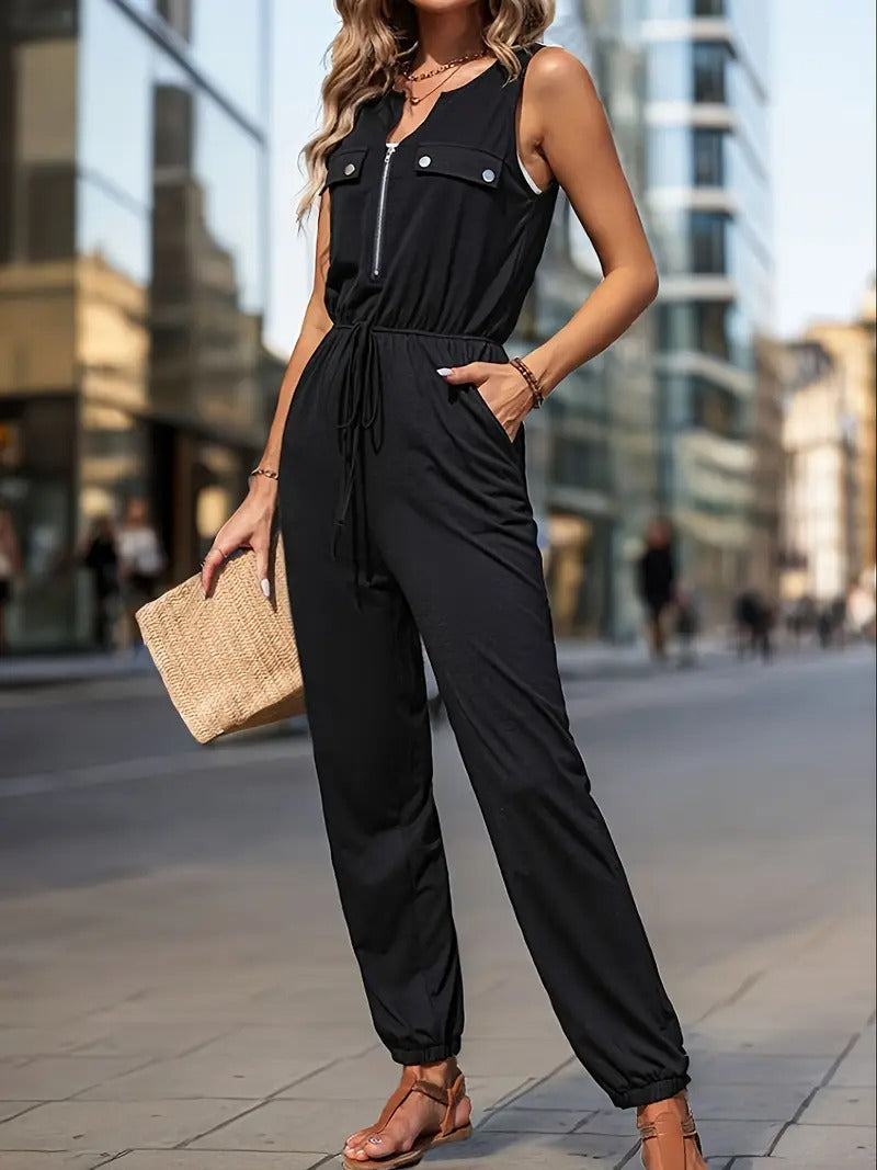 Dams Jumpsuit | Ärmös V-ringning & Fickor | Svart & Året Runt