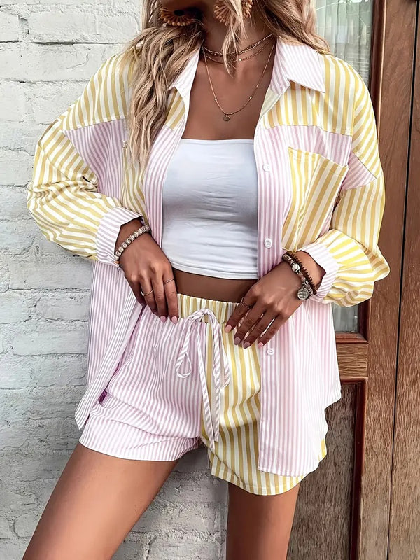 Damset | Randig Blus & Kortbyxa | Luftig & Vardagsstil | Polyester Sommarplagg