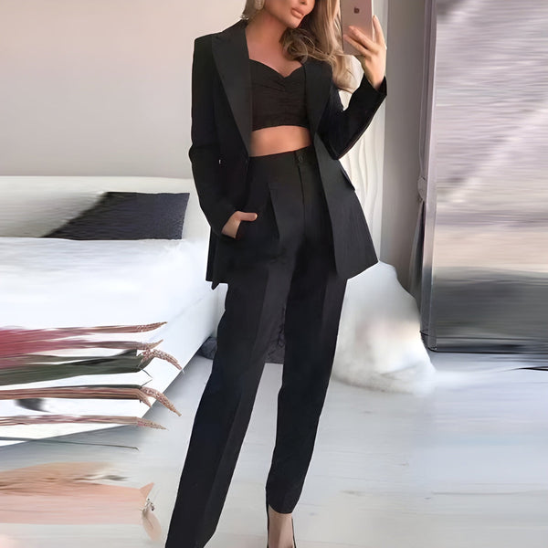 Dam Kostymset 3-delar | Högmidjade Byxor, Topp & Blazer | Polyestermix