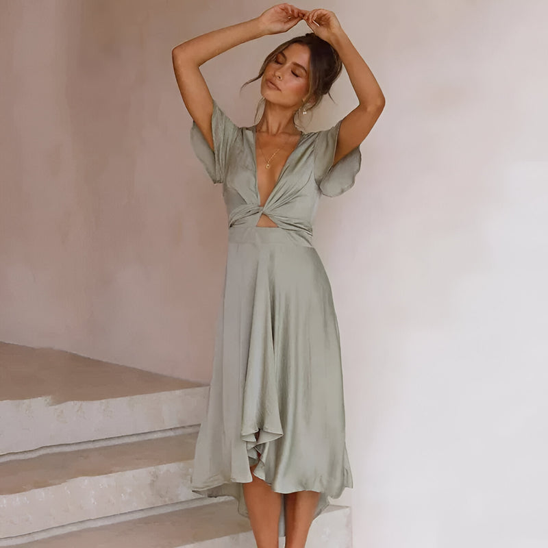 Kvinnor Klänning | Satin & Elegant | Kort Ärmar | V-ringad Sommarklänning