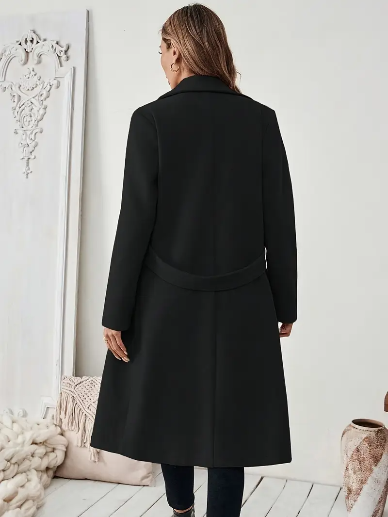 Vinterrock Dam | Lång Svart Tweed Jacka | Elegant Bälte & Slag