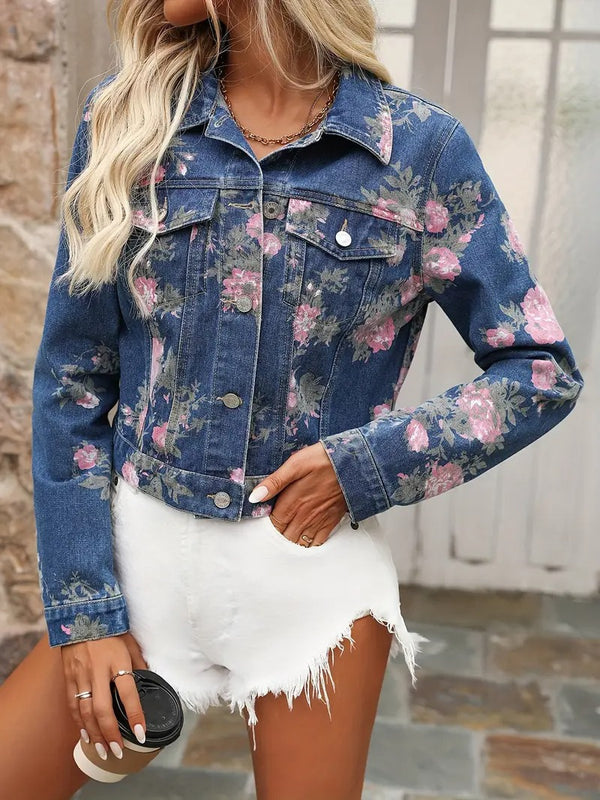 Jeansjacka för kvinnor | Blommigt tryck & Cropped design | Elegant & Casual | Vår/Sommar Jean Coat