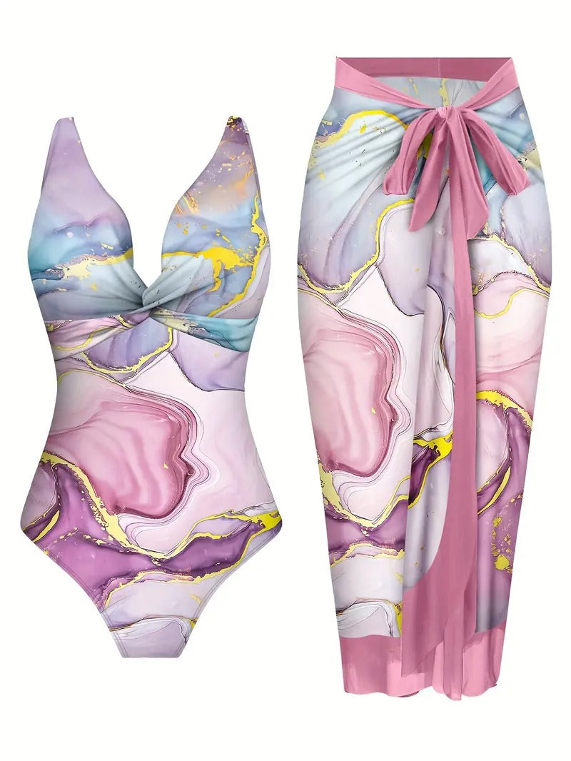Damset | Tvådelat Set med Bodysuit & Omlottkjol | Havsinspirerad Print & Elegant Twistdesign