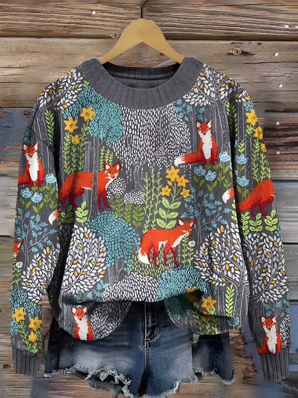 Damtröja | Vintage Mönster & Rävmotiv | Lös Passform | Akryl