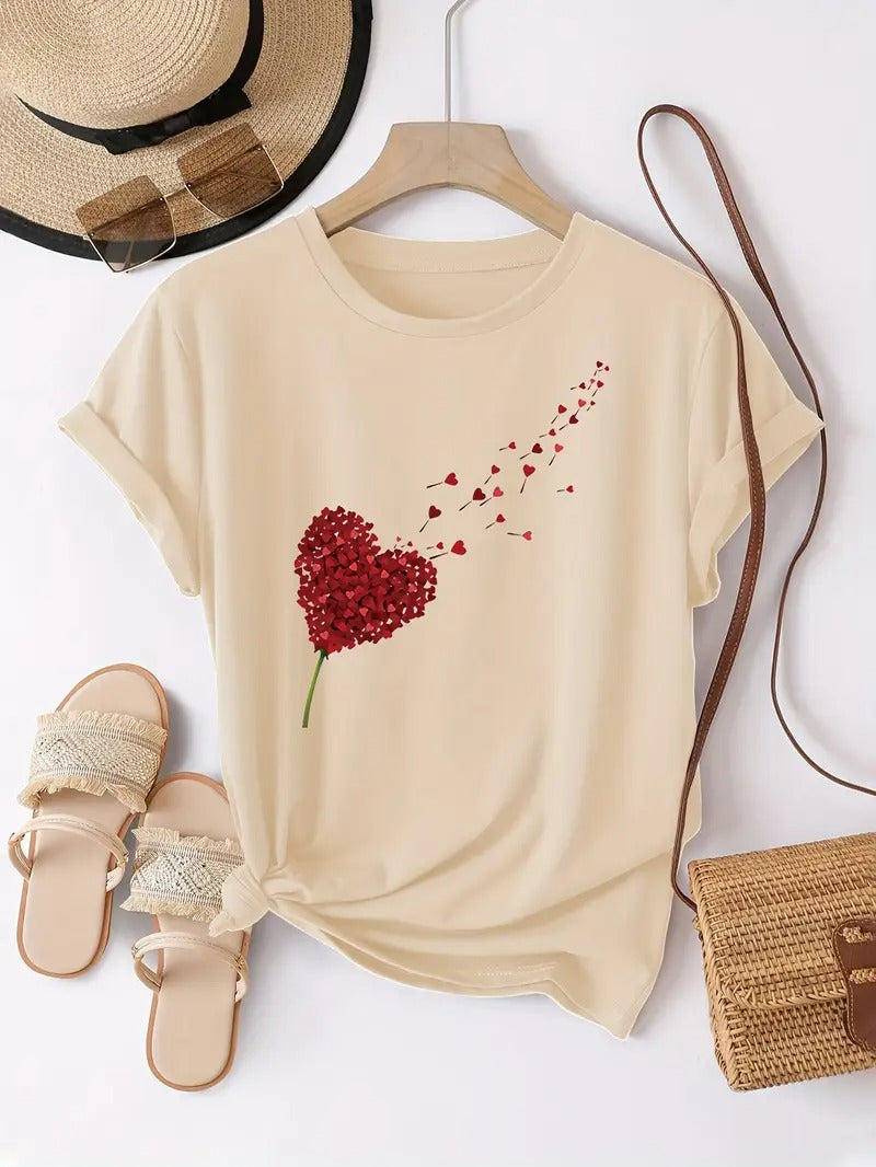 Damt-shirt | Svart &amp; Hjärttryck | Bekväm Kortärmad Topp för Vår &amp; Sommar