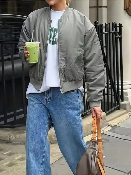 Bomberjacka för kvinnor | Olivgrön & Baseball Cap-krage | Fickor med dragkedja & Lös passform