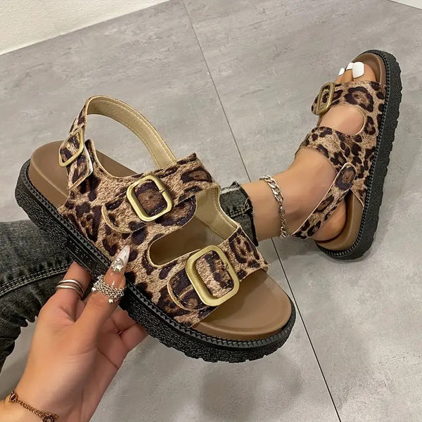 Damsandaler | Romersk Stil & Leopardmönster | Plattform & Spänne | Öppen Tå