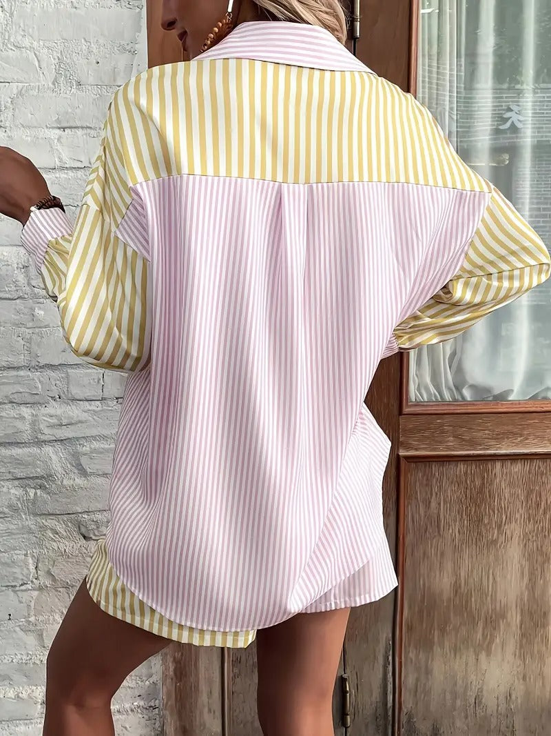 Damset | Randig Blus & Kortbyxa | Luftig & Vardagsstil | Polyester Sommarplagg