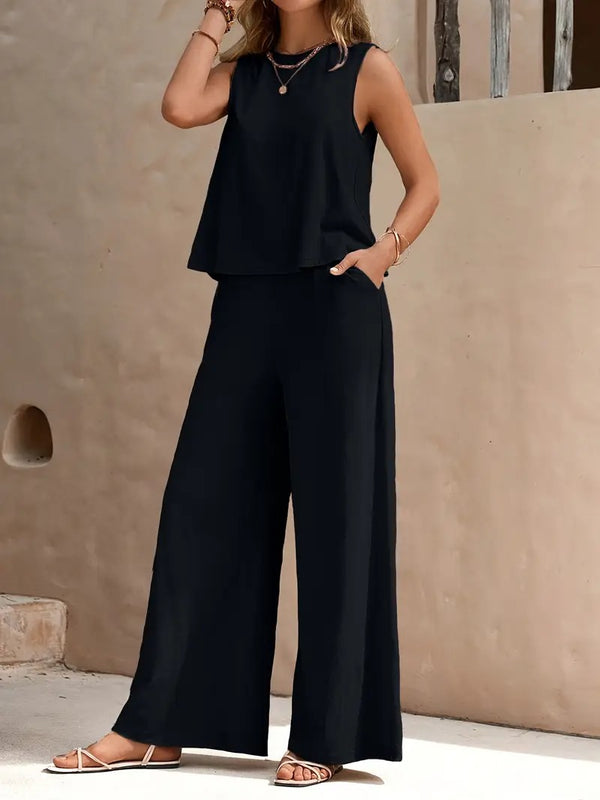 Bohemisk Strandoutfit | Avslappnad och Luftig | Mouwlös Top & Vida Byxor | Polyester för Sommar