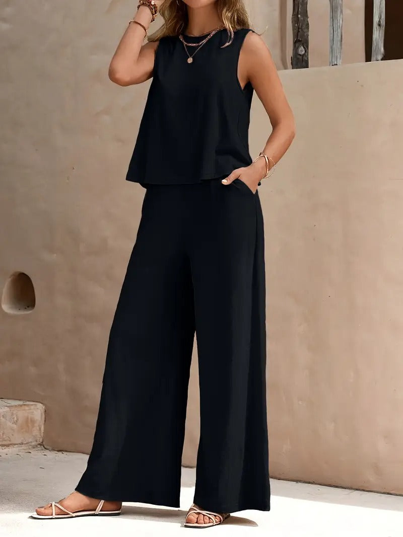Bohemisk Strandoutfit | Avslappnad och Luftig | Mouwlös Top & Vida Byxor | Polyester för Sommar