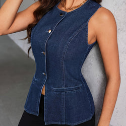 Dames Spijkerjas | Vintage Mouwloos Design & Knoopsluiting | Effen Blauw | Retro Chique