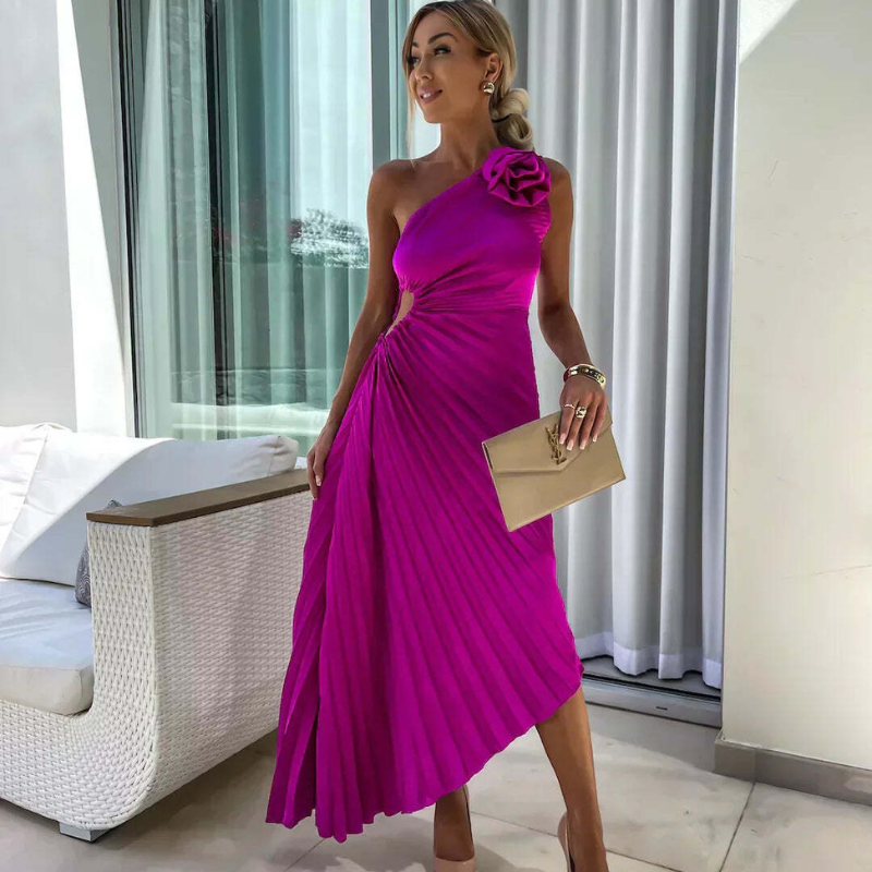 Klänning Midi | Elegant One-Shoulder Klänning | Plisserad Design | Markerad Midja
