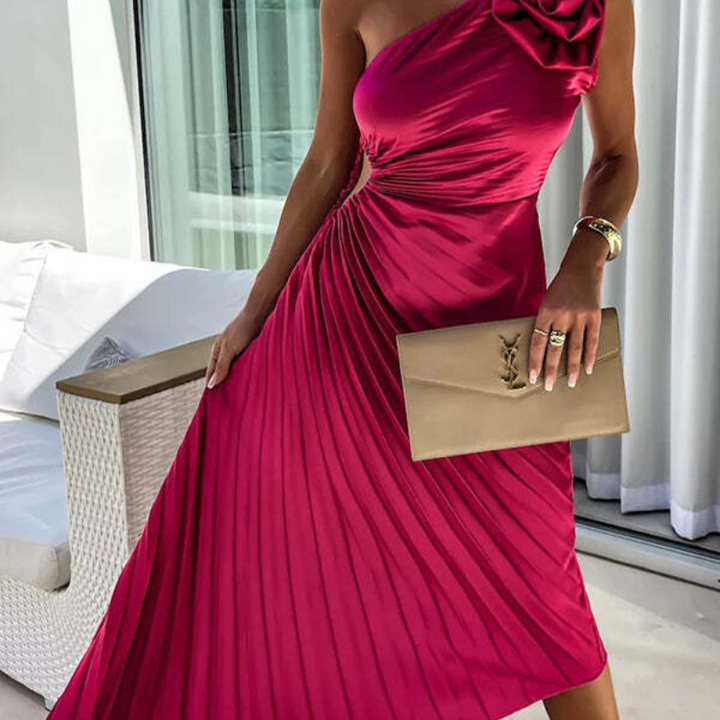 Klänning Midi | Elegant One-Shoulder Klänning | Plisserad Design | Markerad Midja