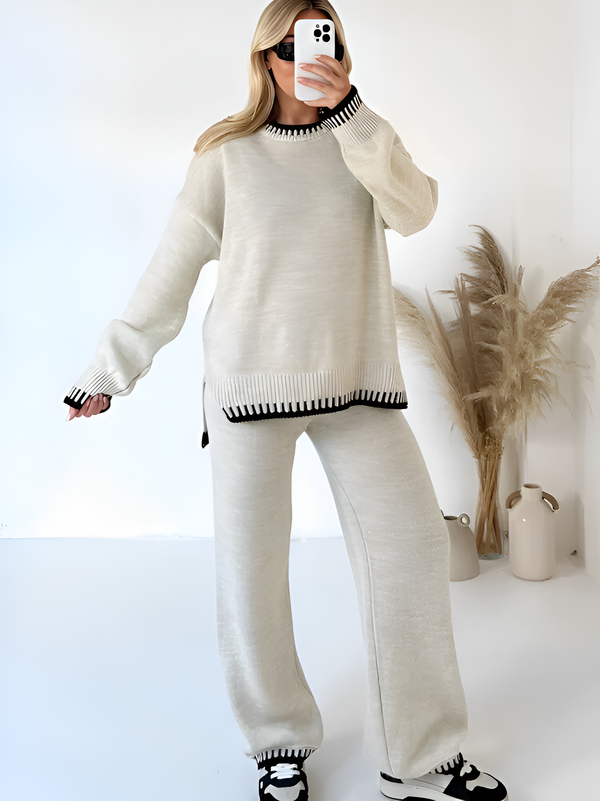 Damset | Lös Kostymstil | Långärmad Topp & Vida Byxor | 2-delad Elegant Look