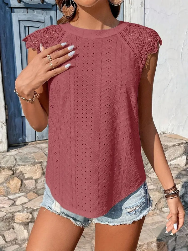 Dam T-shirt | Broderie Spets & Knytband i Rygg | Enfärgad & Somrig | Kortärmad