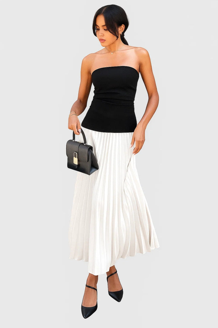 Dames Klänning | Elegant Strapless | Plisserad Kjol | Sommar