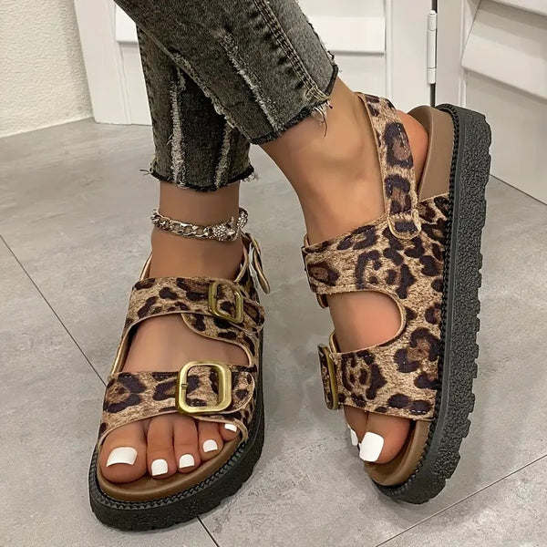 Damsandaler | Romersk Stil & Leopardmönster | Plattform & Spänne | Öppen Tå