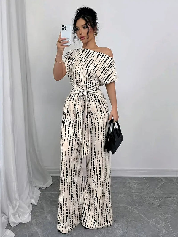 Jumpsuit för kvinnor | Off-Shoulder med prickar & vida ben | rosett i midjan & sommardesign