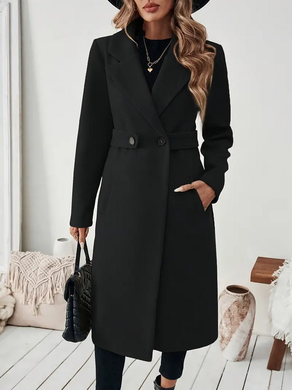 Vinterrock Dam | Lång Svart Tweed Jacka | Elegant Bälte & Slag