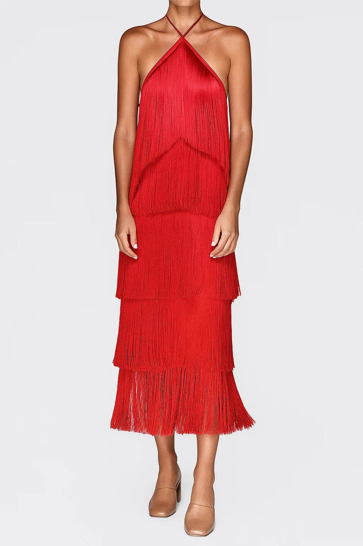 Dam Klänning | Elegant | Halterneck Fransar Maxi | Sommar