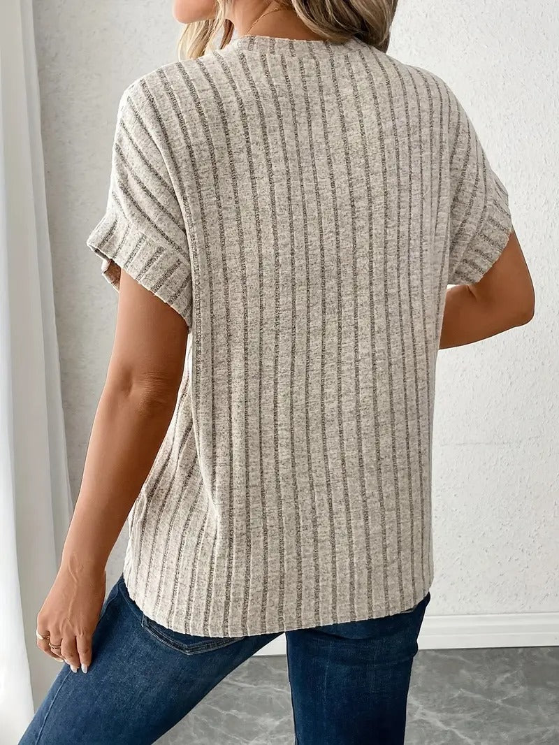 Kvinnors T-shirt | Sommar Casual | Ribbad Rund Hals & Kort Ärm | Lättvikts Enfärgad Design