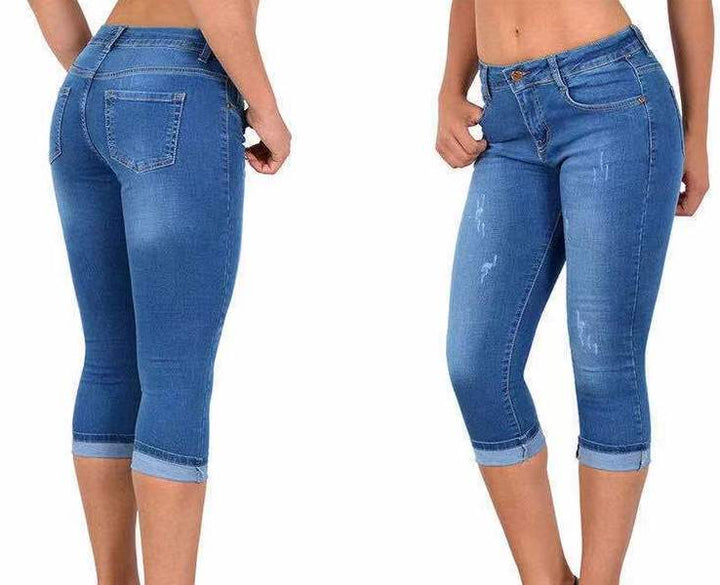 Denim Capri-byxor för kvinnor | Hög midja &amp; rak passform | Stretchig och sommarstil
