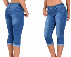 Denim Capri-byxor för kvinnor | Hög midja & rak passform | Stretchig och sommarstil