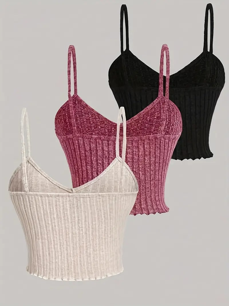 Damtanktops | 3-pack Ribbad med Spagettiband | Ärmlösa & Bekväma för Sommaren