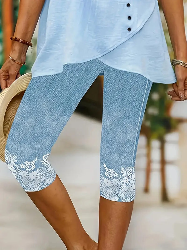 Dams Capri Byxa | Blommigt Mönster & Spetsdetalj | Stickad & Vår/Sommar