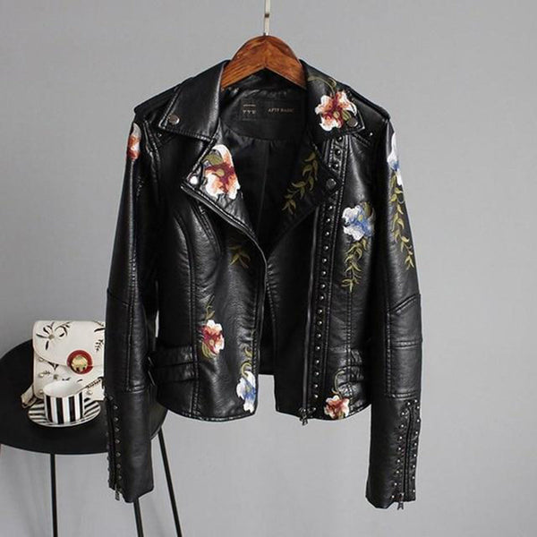 Damjacka | Vintageblommig brodyr | Bikerstil med dragkedja