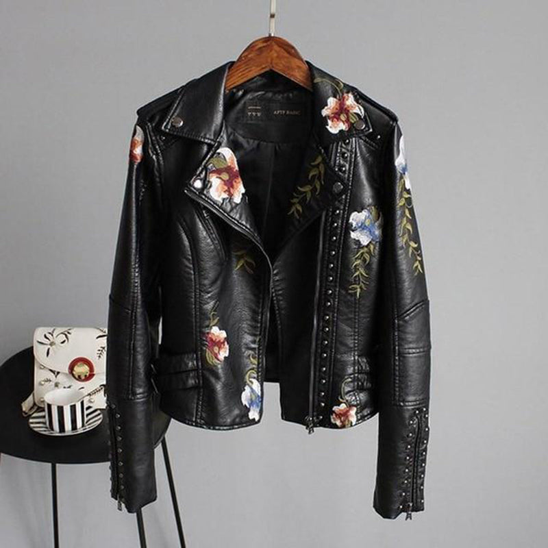 Damjacka | Vintageblommig brodyr | Bikerstil med dragkedja