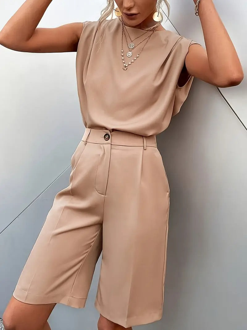 Damset | Ärmlös Topp & Shorts | Somrig & Elegant | Enfärgad Tvådelad Look