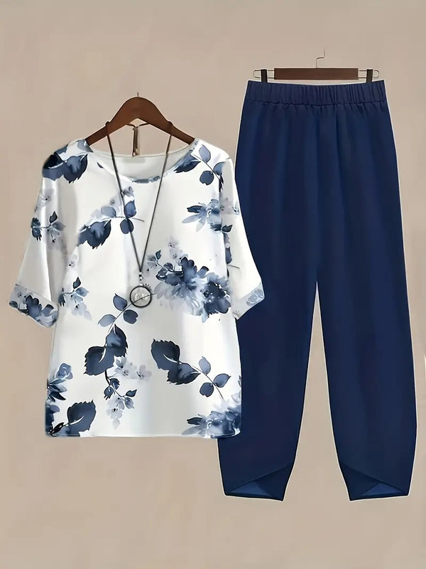 Damset | Elegant Heltäckande Mönster | Rund Halsringning | Lätt Polyester för Vår/Sommar