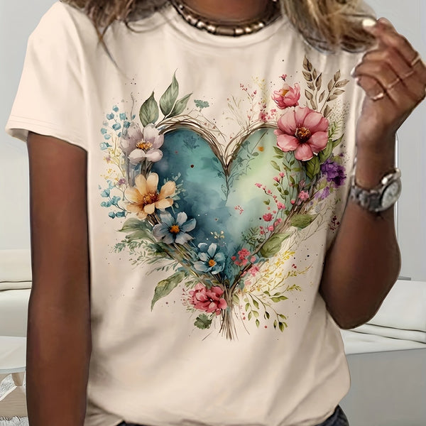 T-shirt med Blommor & Hjärta | Casual | Lätt & Somrig Stil
