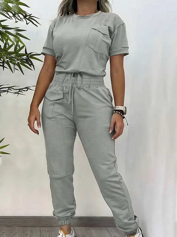 Damset | Trendig Kortärmad Topp & Byxa | Elegant Enfärgad Design | Bekväm Polyester