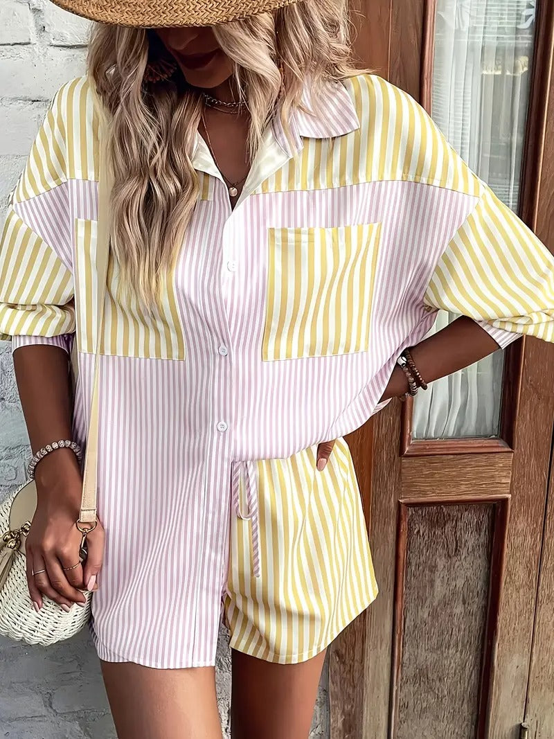 Damset | Randig Blus & Kortbyxa | Luftig & Vardagsstil | Polyester Sommarplagg