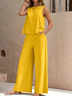 Damset | Ärmlös Topp & Vida Byxor | Avslappnad Sommaroutfit | Polyester