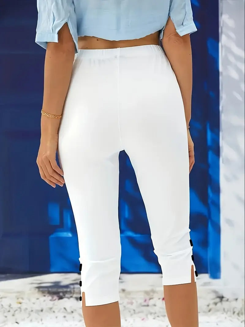 Dams Capri Byxor | Stretch & Bekväm Passform | Elastisk Midja & Knoopaccent