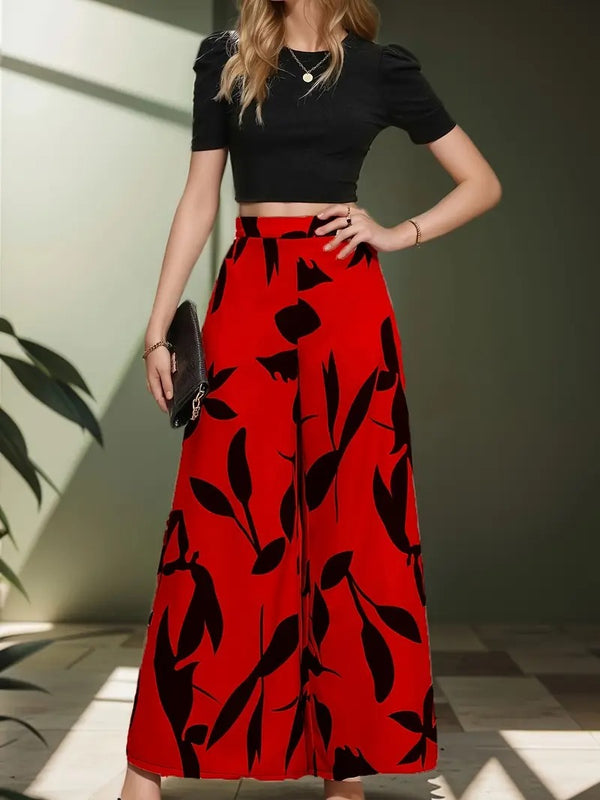 Damset | Elegant Tvådelat Set med Blus & Vida Byxor | Effen Design & Bladprint