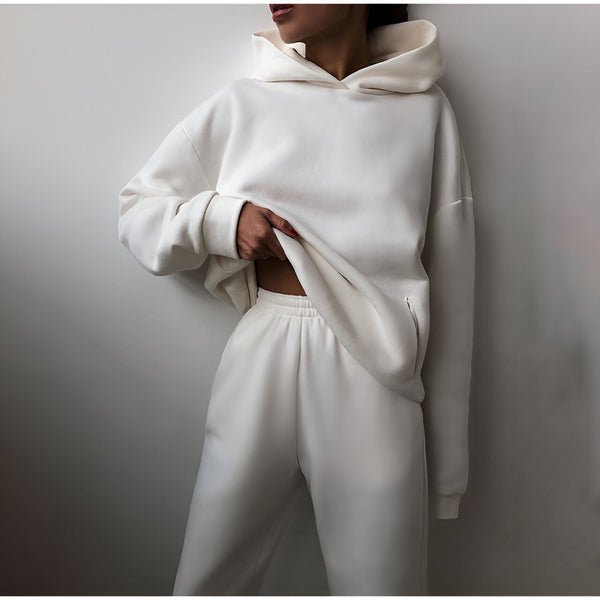 Damträningsset | Fleecefodrat med Huvtröja | Tjock Tvådelad Mjukisdress | Polyester