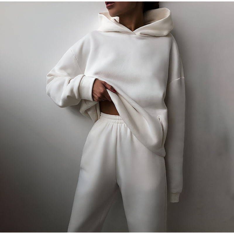 Damträningsset | Fleecefodrat med Huvtröja | Tjock Tvådelad Mjukisdress | Polyester