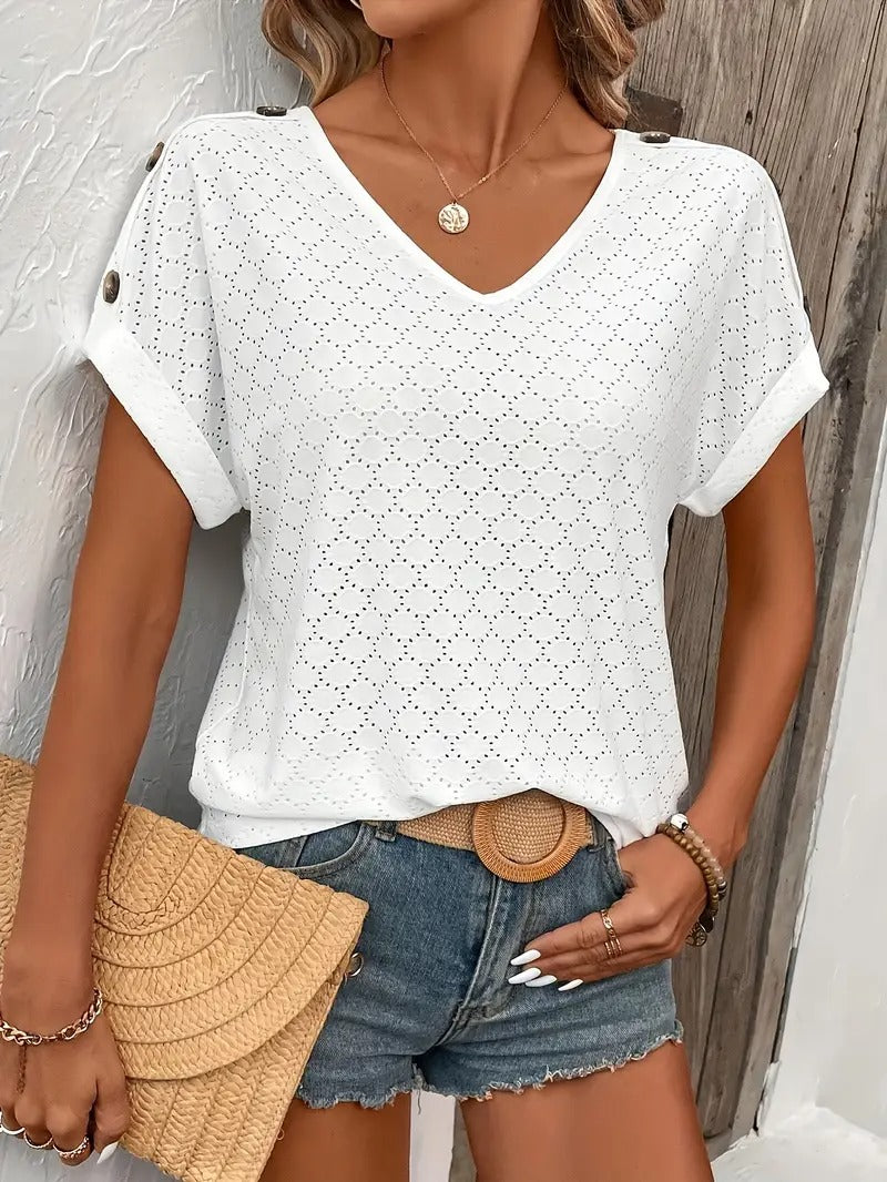 Dams T-shirt | Knoopversiering &amp; V-hals | Lätt &amp; Somrig Stil