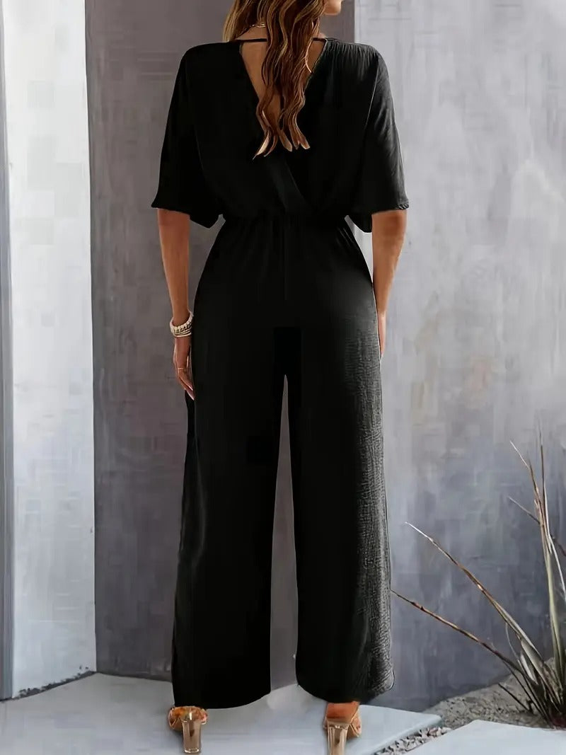 Jumpsuit för kvinnor | V-ringad och draperad design | lättviktspolyester för vår och sommar