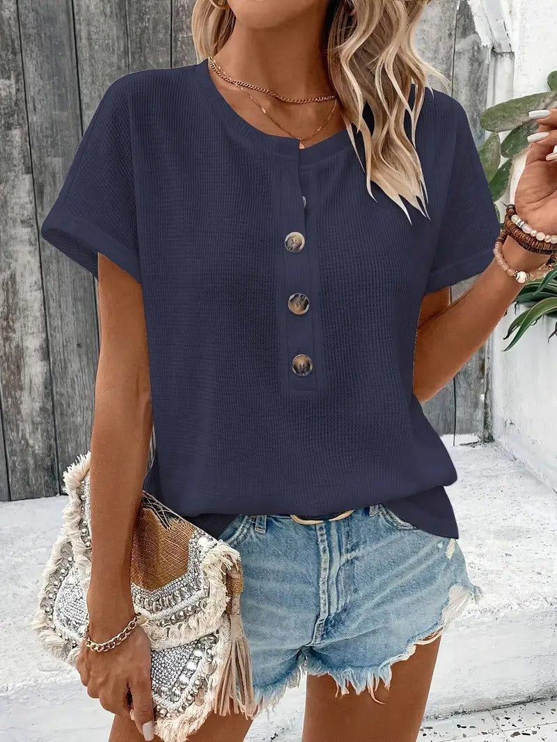 Dam T-shirt | Henleyhals & Avslappnad Stil | Bekväm Kortärmad Top för Vår & Sommar