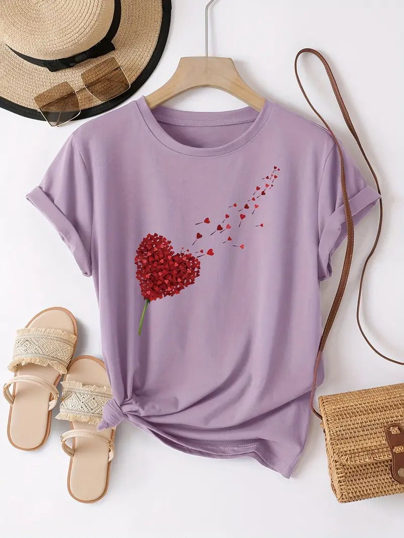 Damt-shirt | Svart &amp; Hjärttryck | Bekväm Kortärmad Topp för Vår &amp; Sommar