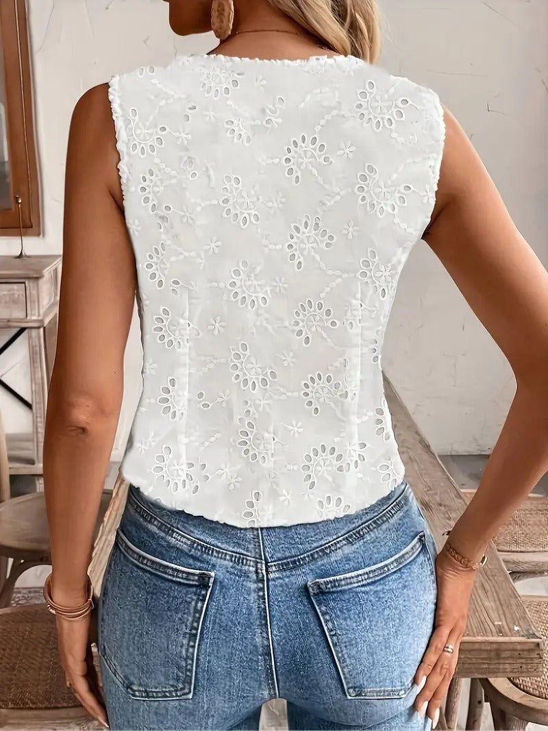 Damväst | Franskinspirerad & Ärmlös | Elegant V-ringad Vävd Topp med Blommönster