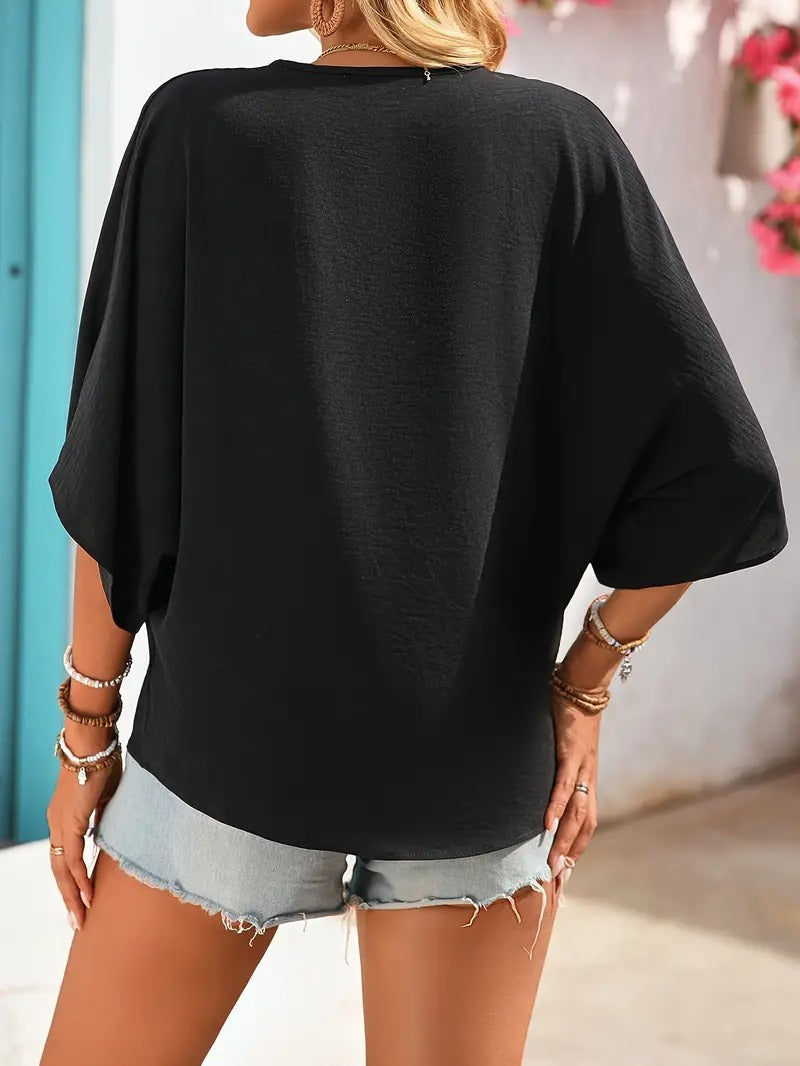 Blus för kvinnor | V-ringning & knappdetaljer | Sommar Casual