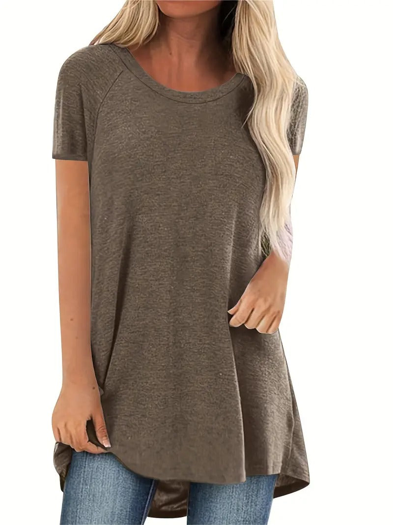 Dam T-shirt | Lång Modell & Rund Hals | Enfärgad Casual Topp med Korta Ärmar