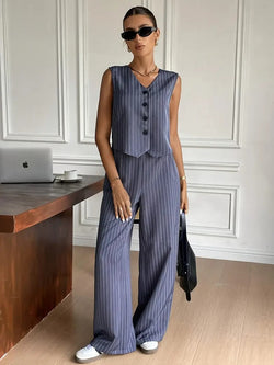 Dam Set | Ärmös Randig Väst & Vida Byxor | Knäppning | Polyester Sommarlook